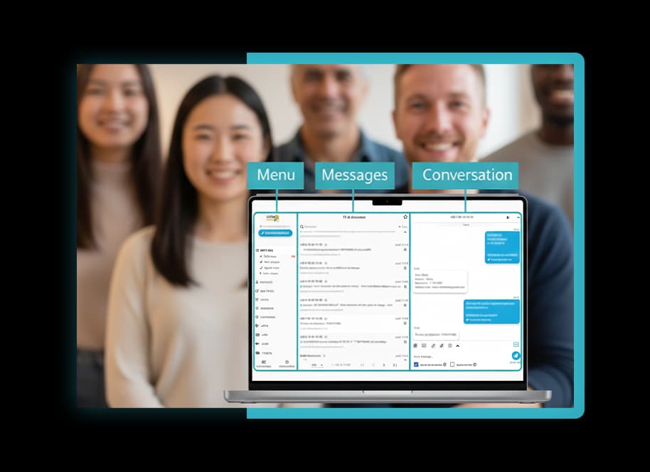 Collaborative SAAS software with Menu, Messages and Conversation panels